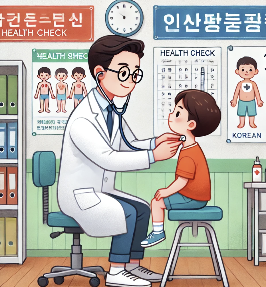 검진의사가 아동의 건강상태를 체크하는 중