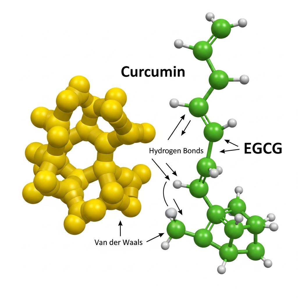 커큐민과 EGCG의 분자 수준에서의 상호 작용을 보여주는 과학적 그림