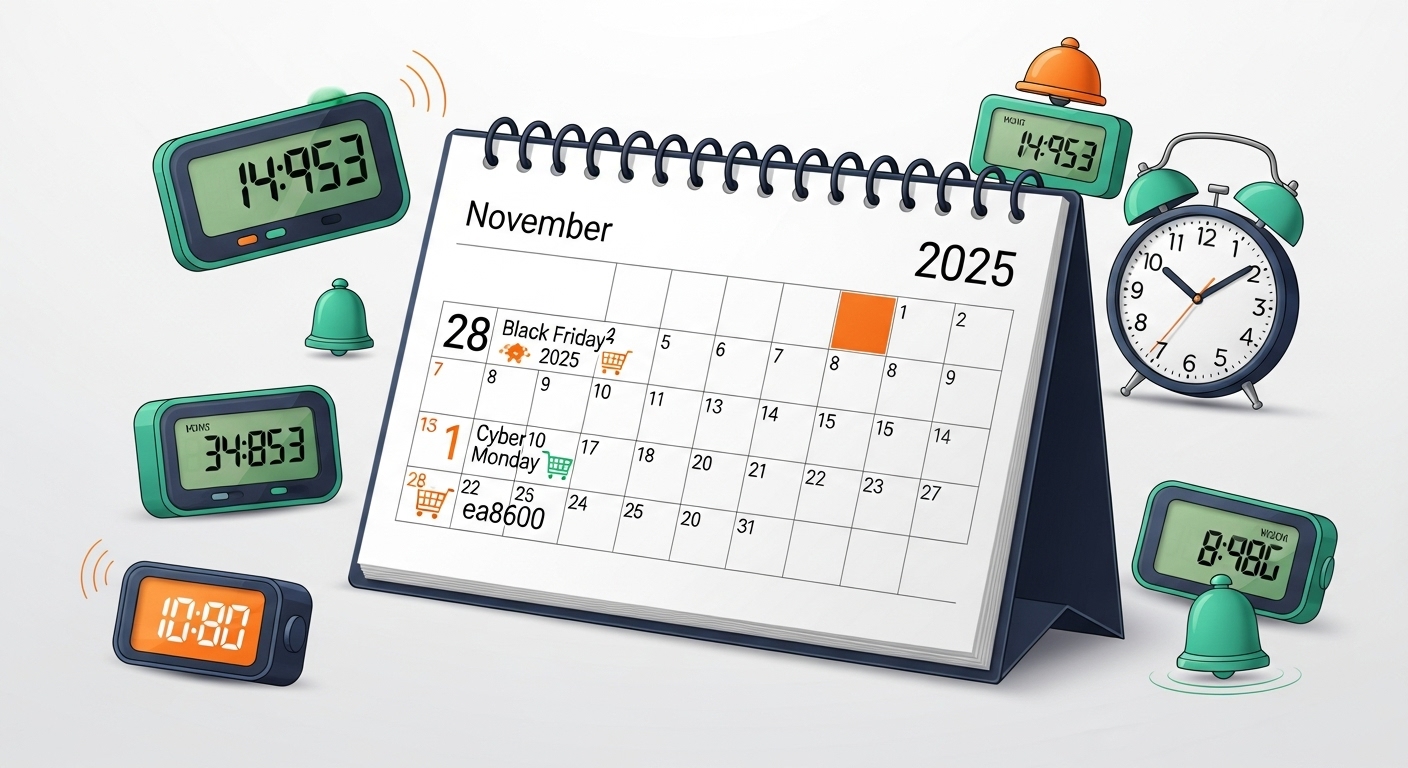 2025년 블랙프라이데이와 사이버 먼데이 일정을 보여주는 쇼핑 달력 일러스트.