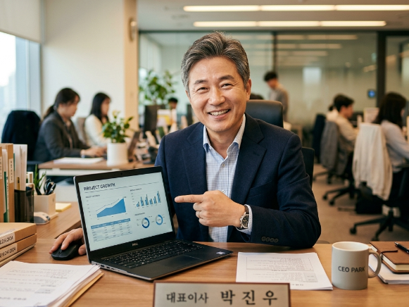 청년일자리도약장려금으로 인건비 고민을 해결하고 활짝 웃는 중소기업 사장님의 모습