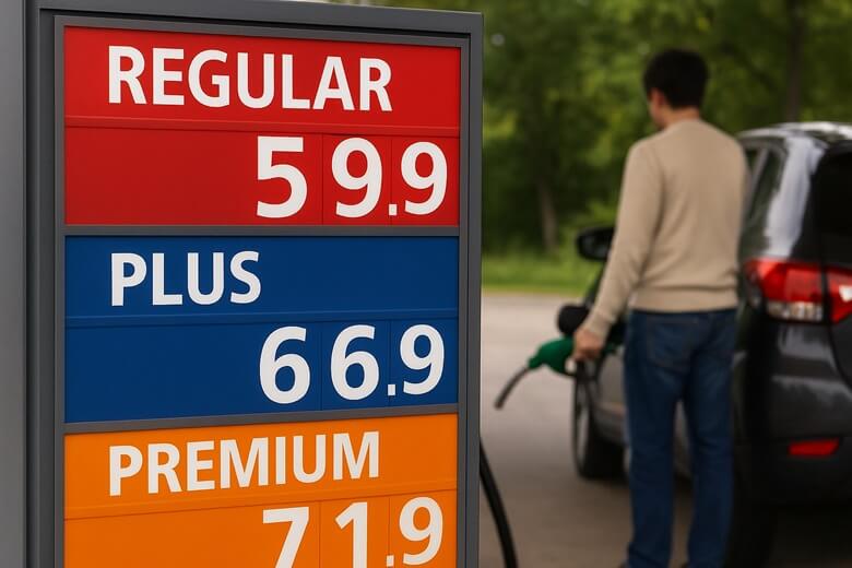 셀프주유소에서 직접 주유하고 있는 남성의 모습, 연료비 절약을 실천하는 장면