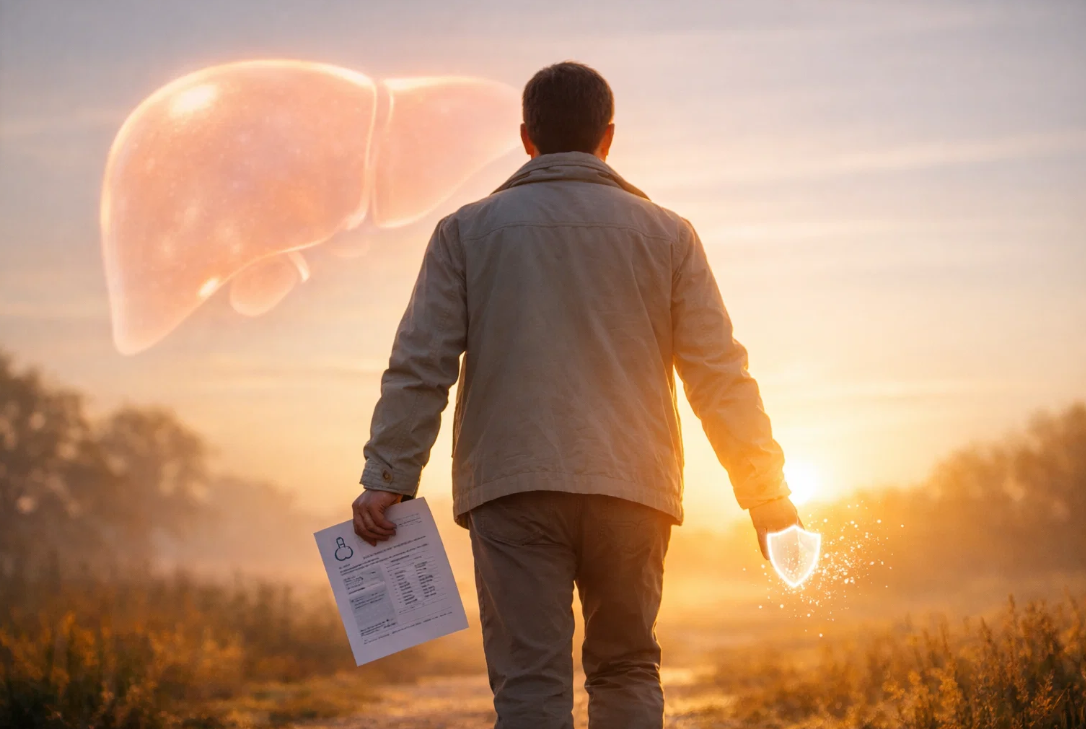 검사지를 들고 노을 속을 걸어가는 인물과 빛나는 간 실루엣 이미지