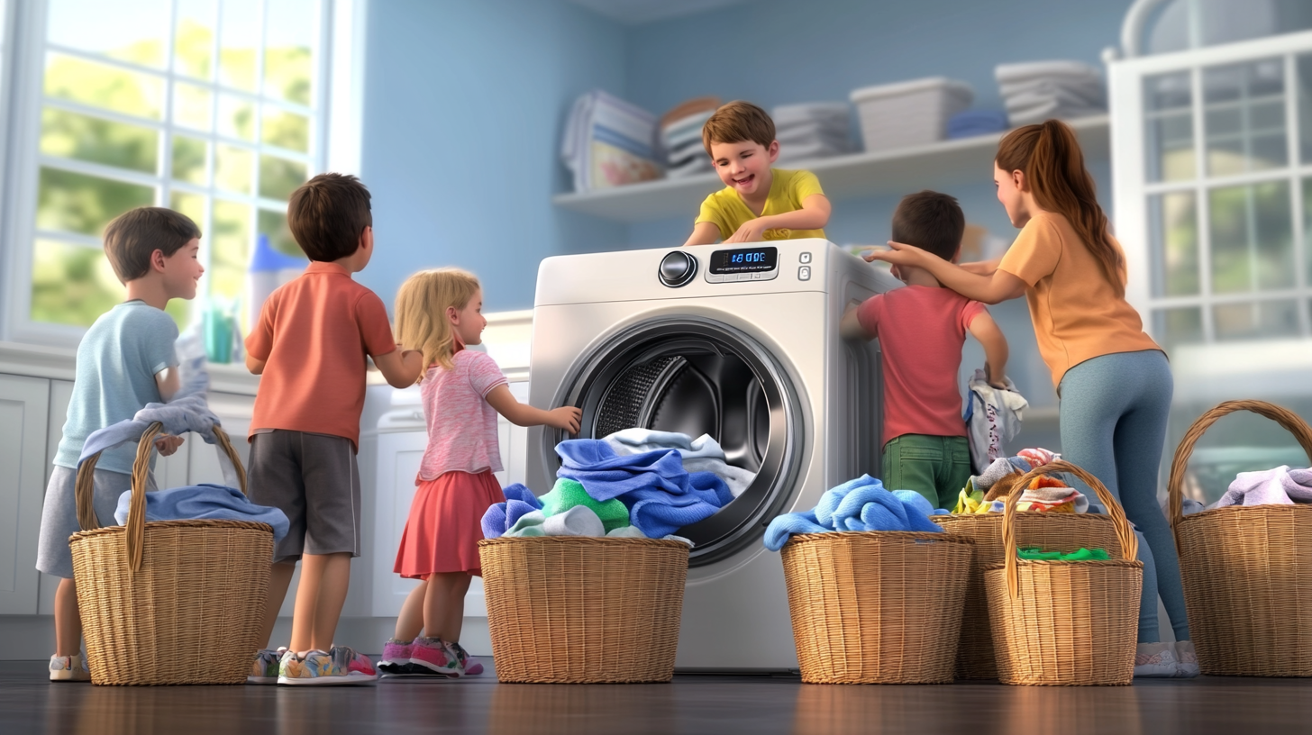 삼성 WF2417HDEEC 세탁기를 사용하는 바쁜 가족이 어린이와 빨래 바구니로 대용량의 용량을 시연하는 장면.