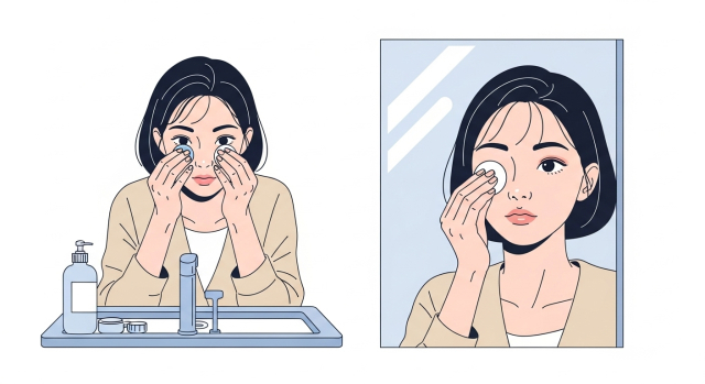 콘택트렌즈 관리와 아이메이크업 제거로 눈 자극을 줄이는 모습