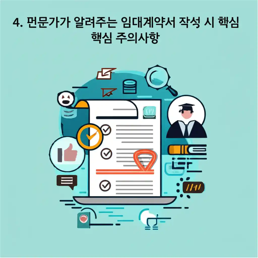 부동산 임대계약서 작성 시 전문가가 알려주는 핵심 주의사항을 시각적으로 설명하는 이미지.