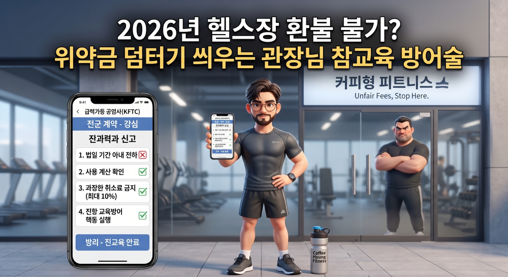 헬스장, 필라테스 위약금 방어방법을 알려주는 모습을 재현한 캐릭터 이미지