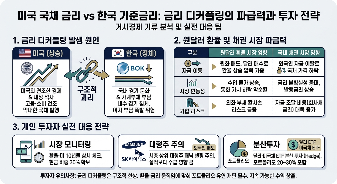 미국 국채 금리와 한국 기준금리 디커플링 현상이 원달러 환율, 국내 채권 시장 및 주식 시장에 미치는 영향과 개인 투자자 대응 전략 인포그래픽