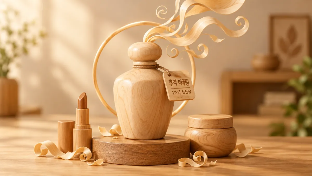 밝은 원목 테이블 위 둥근 받침대에 놓인 목재 향수병에서 나무 대패밥 리본이 향기처럼 솟아오르는 목공예 클로즈업. 병목에 매달린 목재 태그에 '후각 마케팅'과 '3초의 첫인상'이 음각되어 있고, 좌측에 뚜껑이 열린 나무 립스틱, 우측에 원형 크림 통, 배경에는 나무 링과 식물이 아웃포커싱되어 있다.