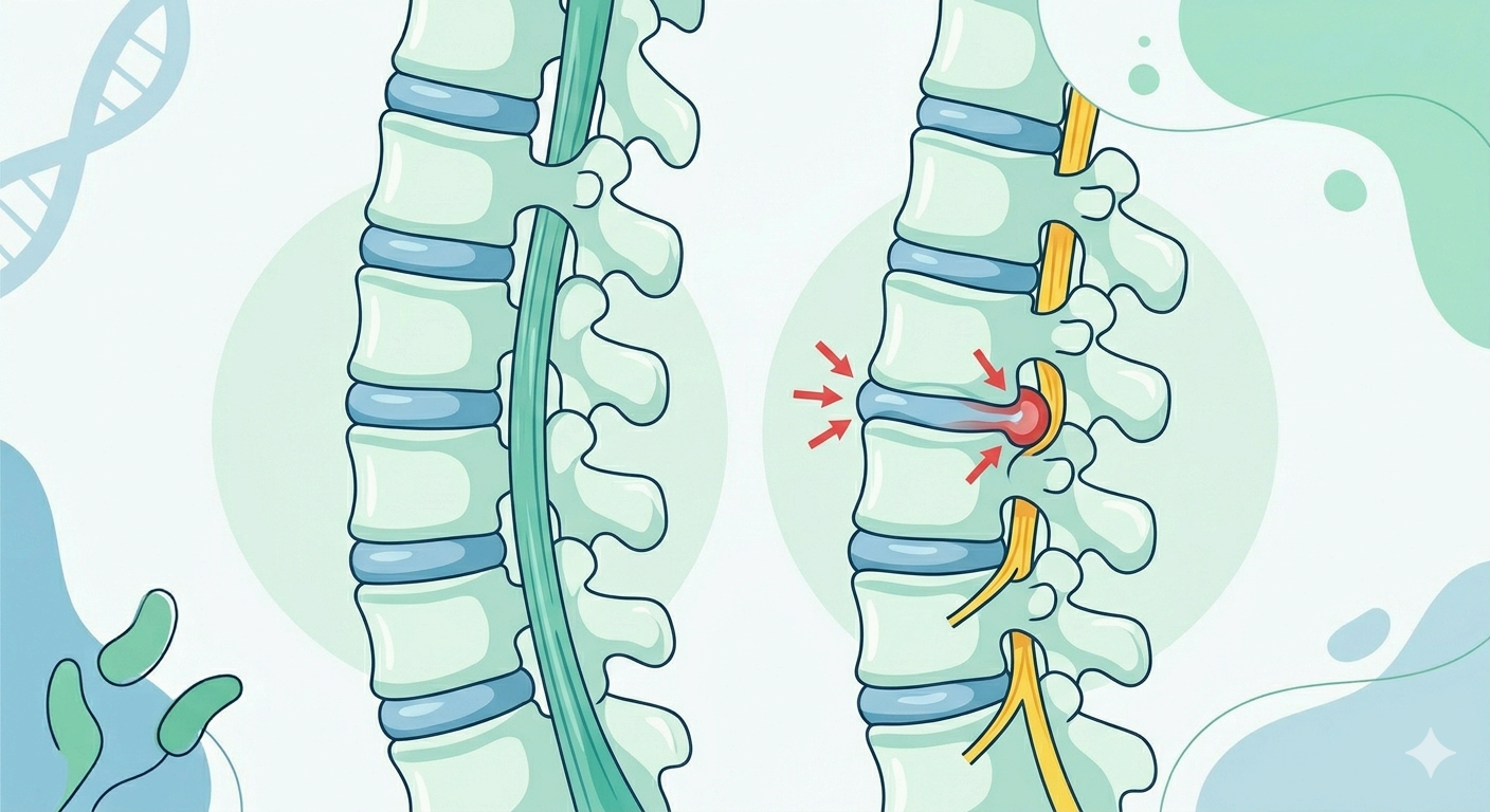 정상 요추 척추뼈 및 수핵 탈출증 디스크 압박 구조 비교 인포그래픽