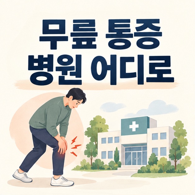 무릎 통증 병원 어디로 제목과 진료를 상징하는 병원 및 다리 아이콘