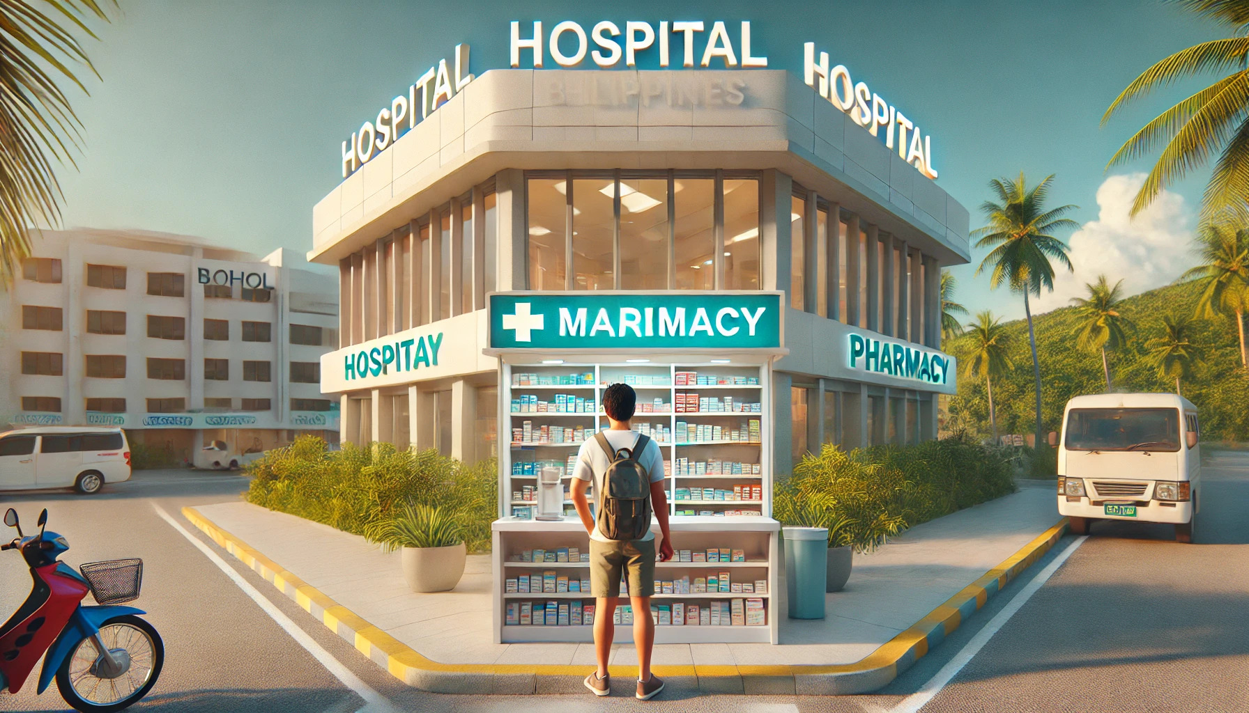 보홀의 병원 외관과 약국에서 약을 구입하는 여행자의 모습