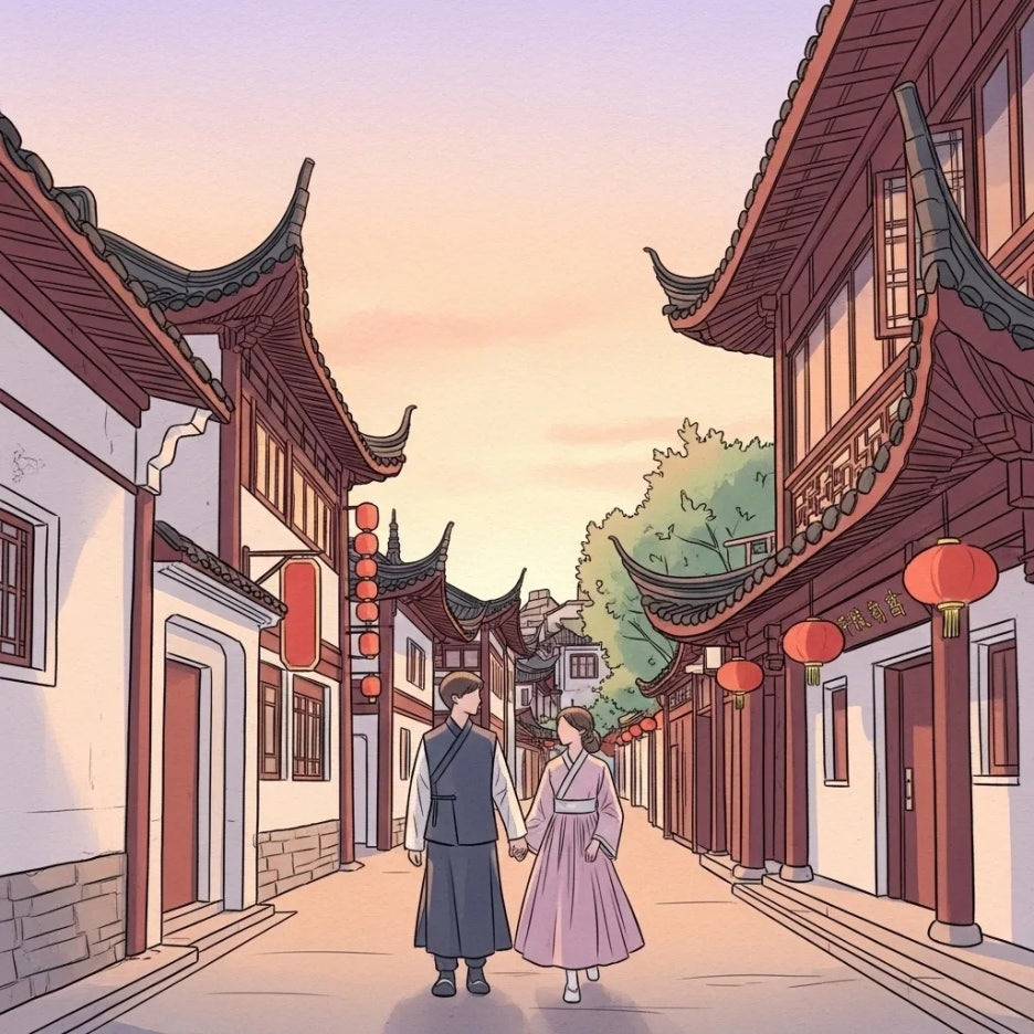 상하이의 아름다운 거리를 거니는 한푸 복장의 커플