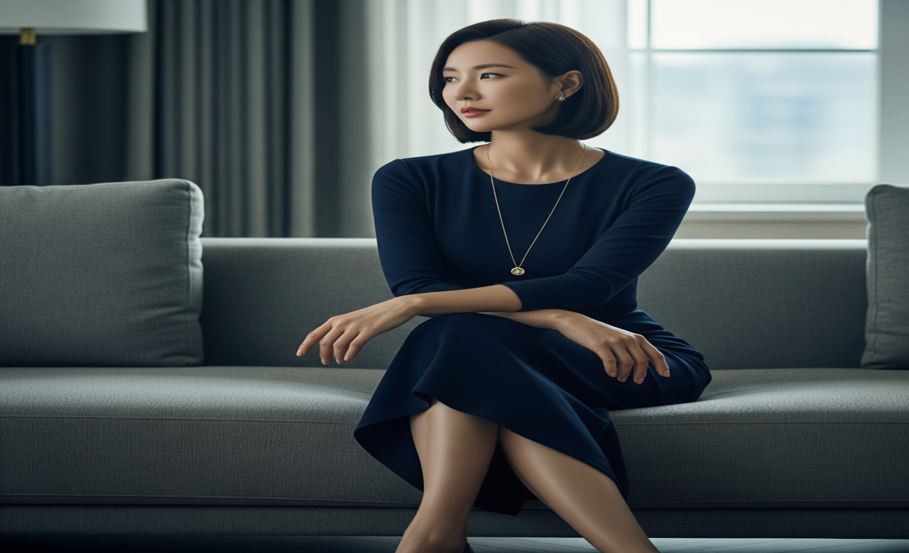 척추에 좋지앉은 다리를 꼬은 상태로 앉아있는 여성