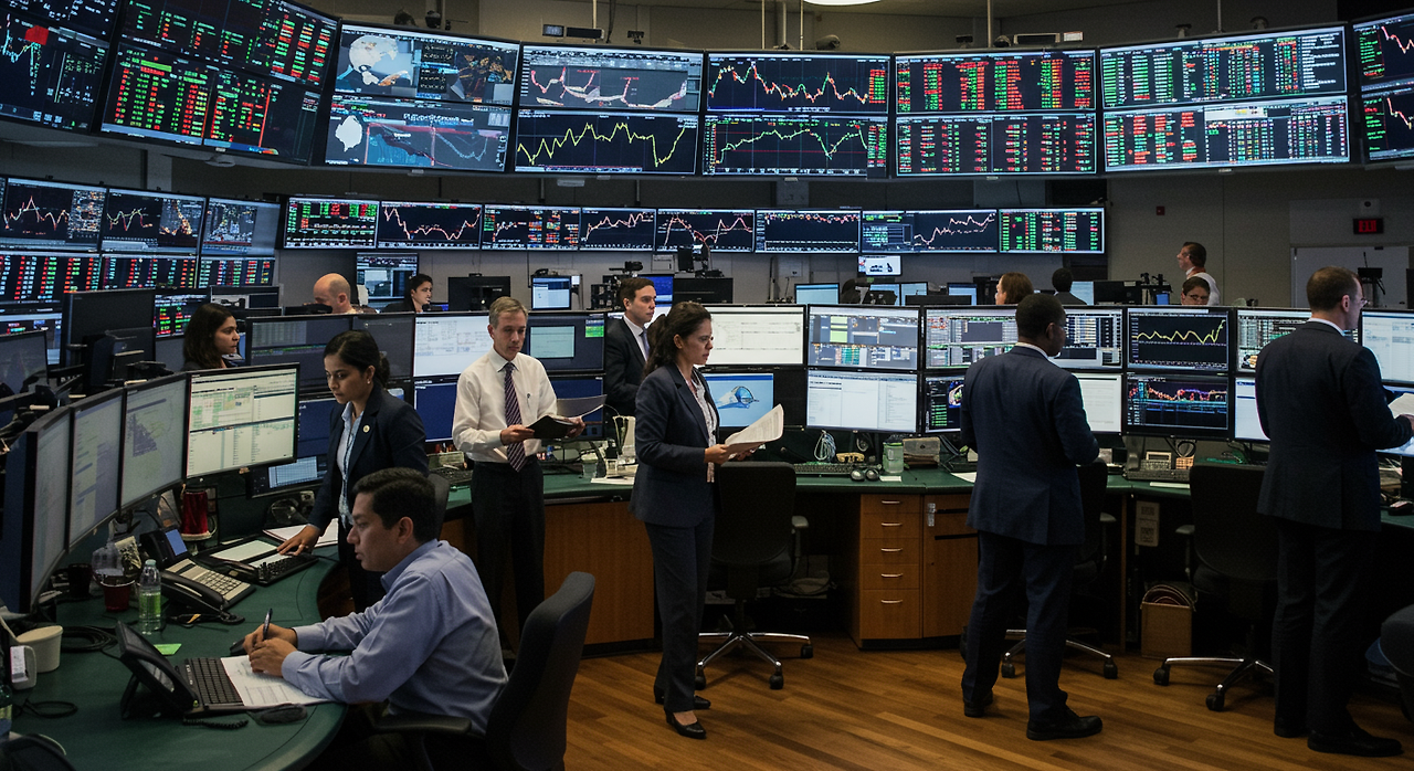 국제 거래실에서 다양한 금융 전문가들이 글로벌 경제 지표를 분석하는 모습