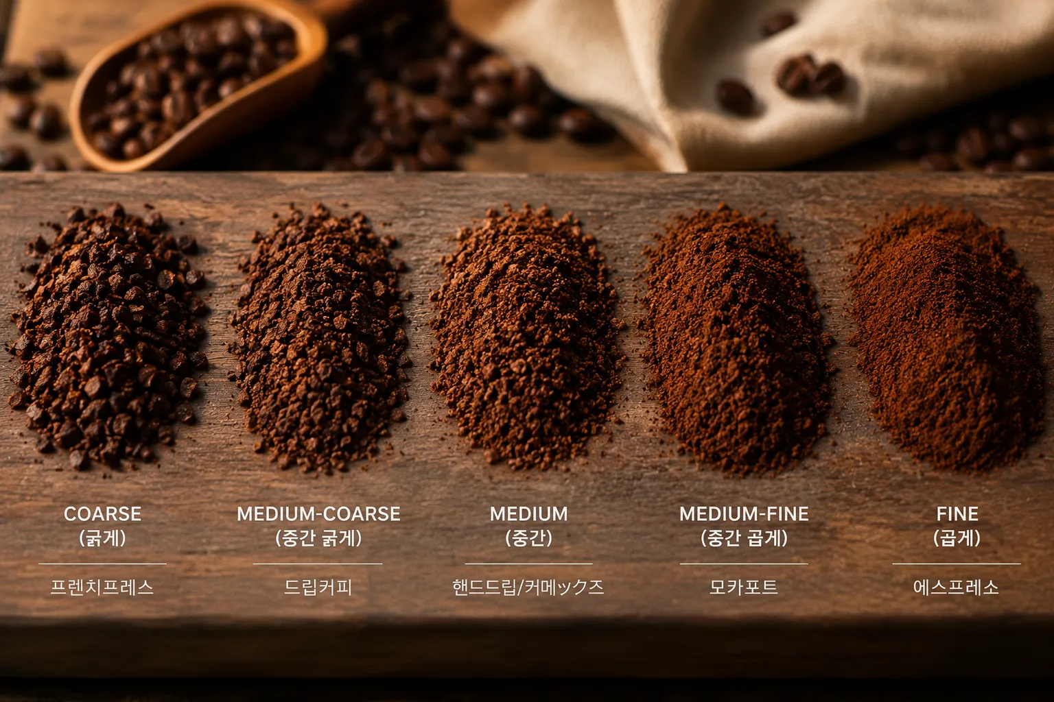 추출 방식별 커피 분쇄도 굵기 비교