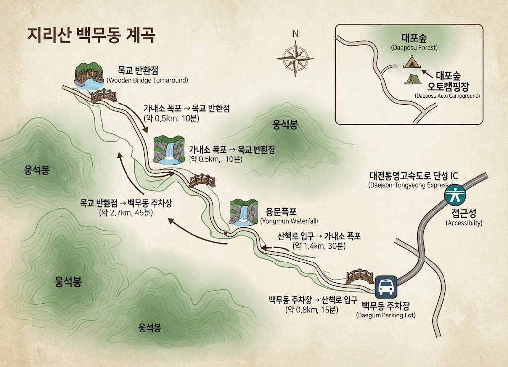지리산 백무동 계곡 내 주차장, 용문폭포, 가내소 폭포, 목교 반환점 간의 구간 거리와 소요 시간이 상세히 표시된 등산 안내 지도