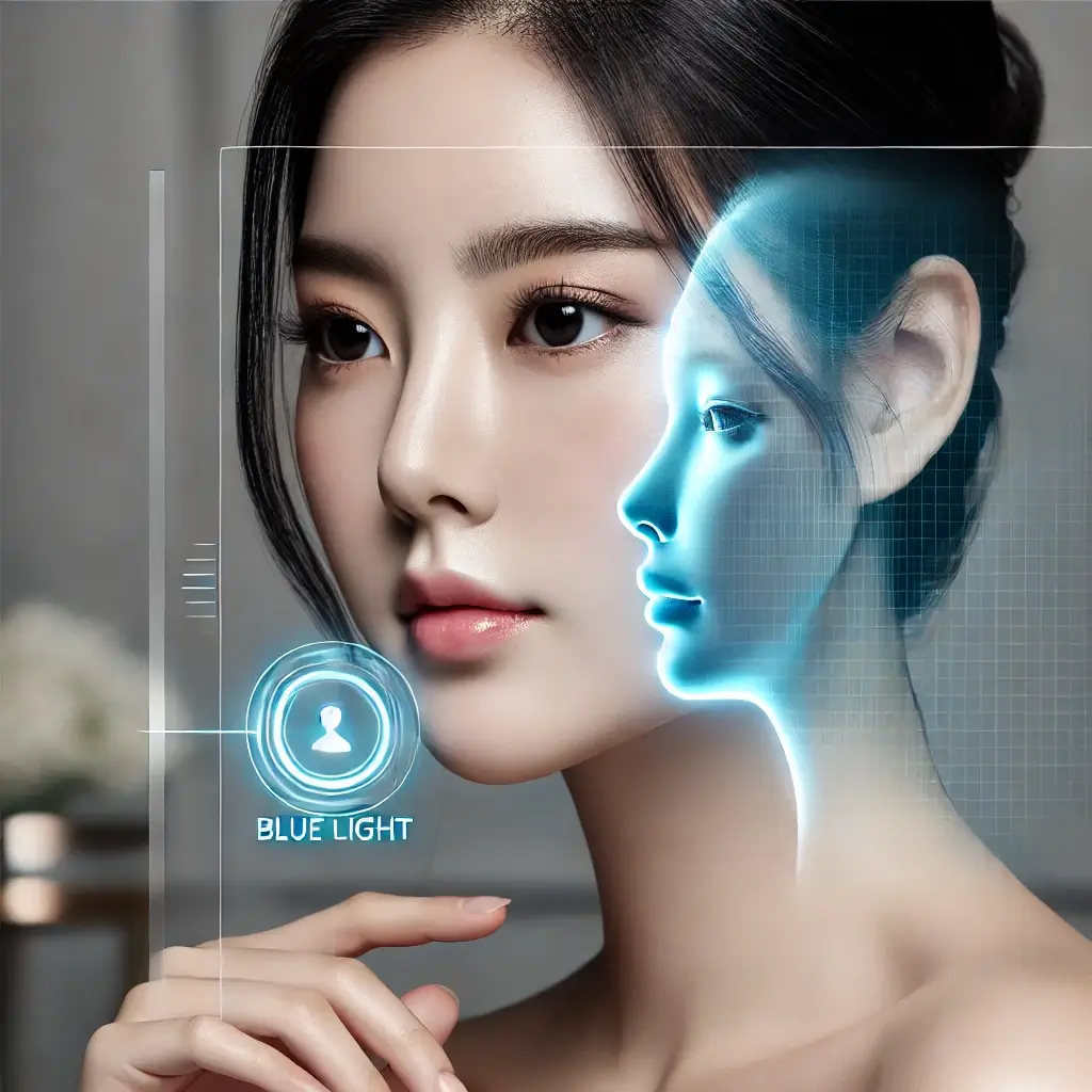 A serene Korean woman using a smartphone with blue light reflecting off her face, symbolizing digital exposure.