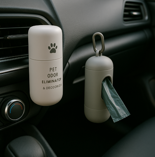 펫 전용 차량 탈취제 와 방취 쓰레기봉투가 설취된 차량 사진