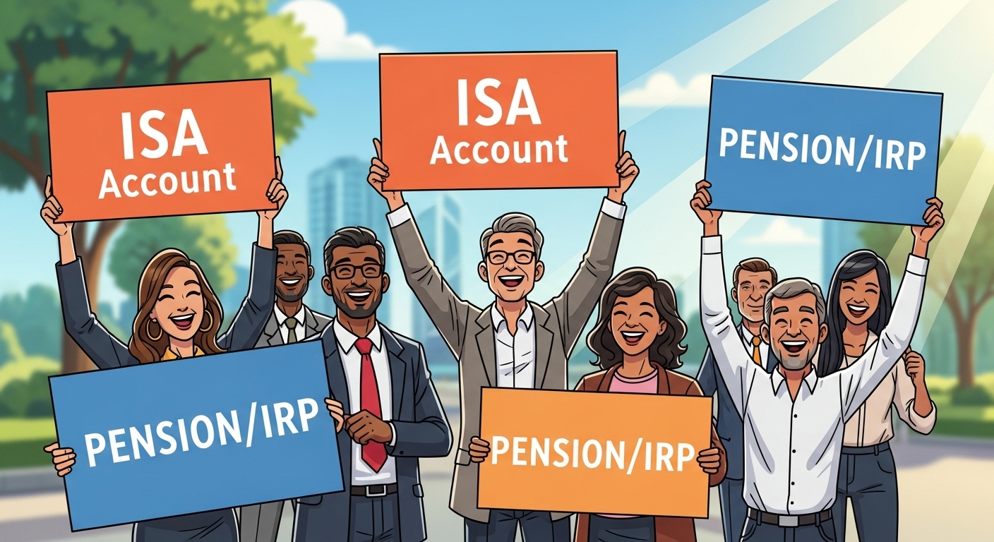 절세 계좌(ISA, 연금)를 상징하는 팻말을 들고 웃고 있는 사람들의 모습