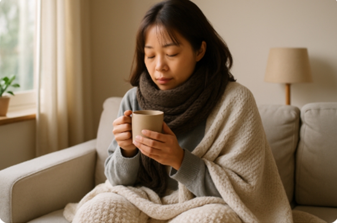 따뜻한 담요를 두르고 따뜻한 차를 들고 있는 여성, 겨울 아침 집 안에서 몸을 녹이며 쉬는 모습