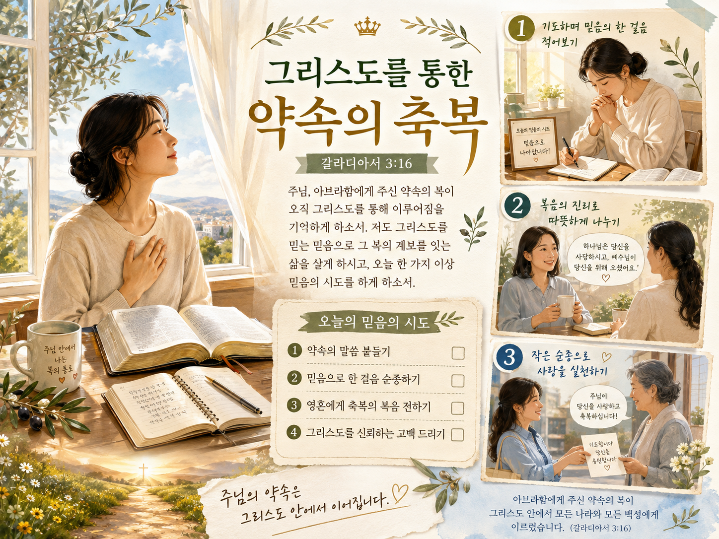 갈 3:16 말씀에서 하나님께서 주시는 축복의 약속이 아브라함과 오직 한 분이신 그리스도께로부터 오는 것임을 기억하며, 그리스도를 통한 하나님의 축복의 계보를 잇는 믿음의 시도를 해야 할 것이 도전 되었고, 한 가지 이상 믿음의 시도를 하는 모습입니다.