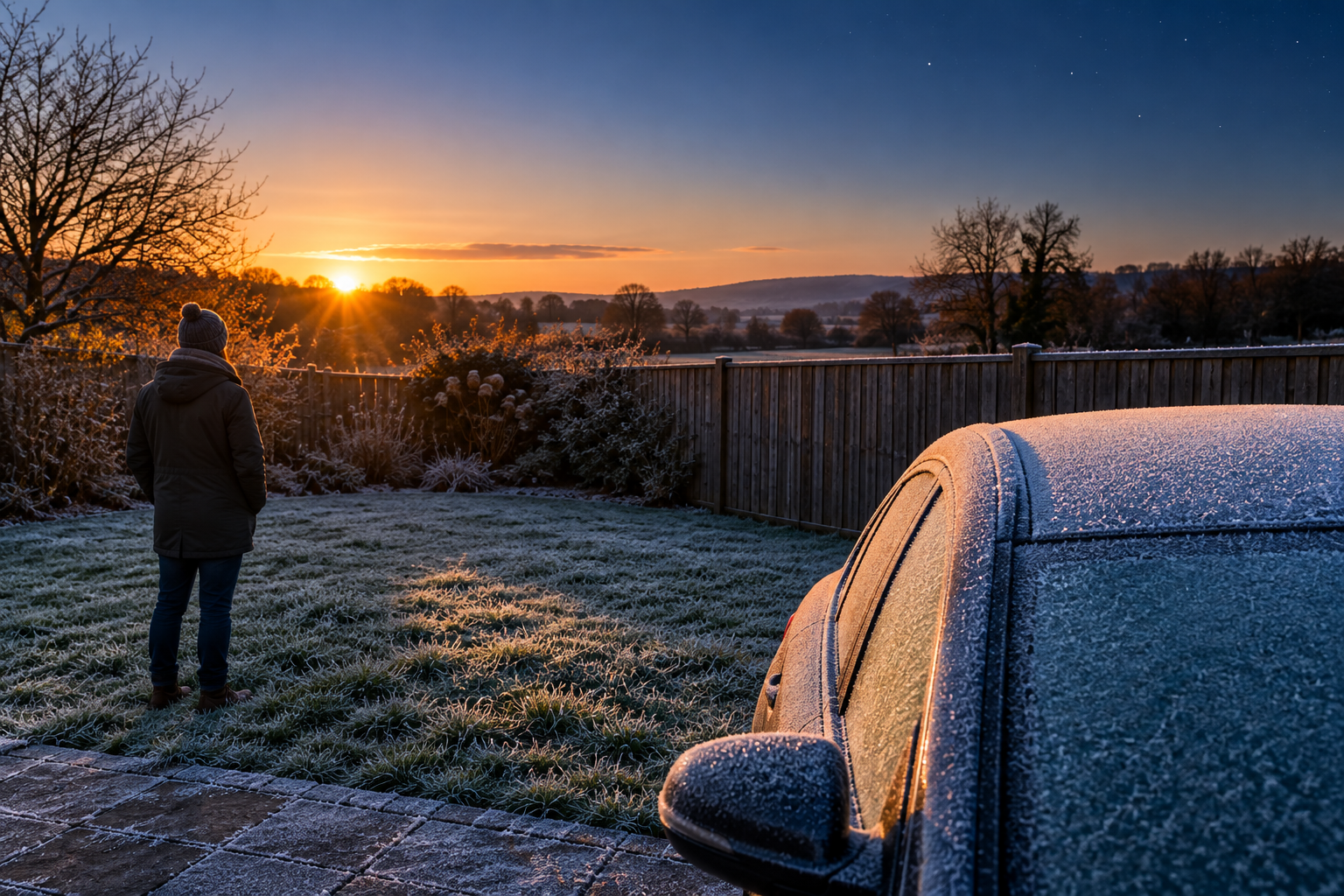Frost on grass and a car at sunrise