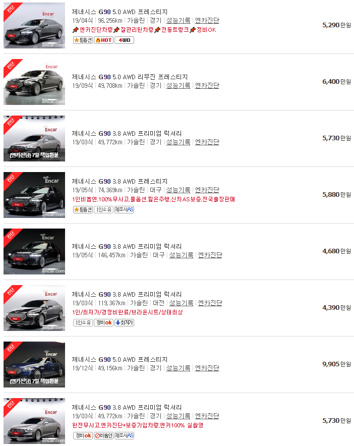 제네시스 G90 중고차 가격