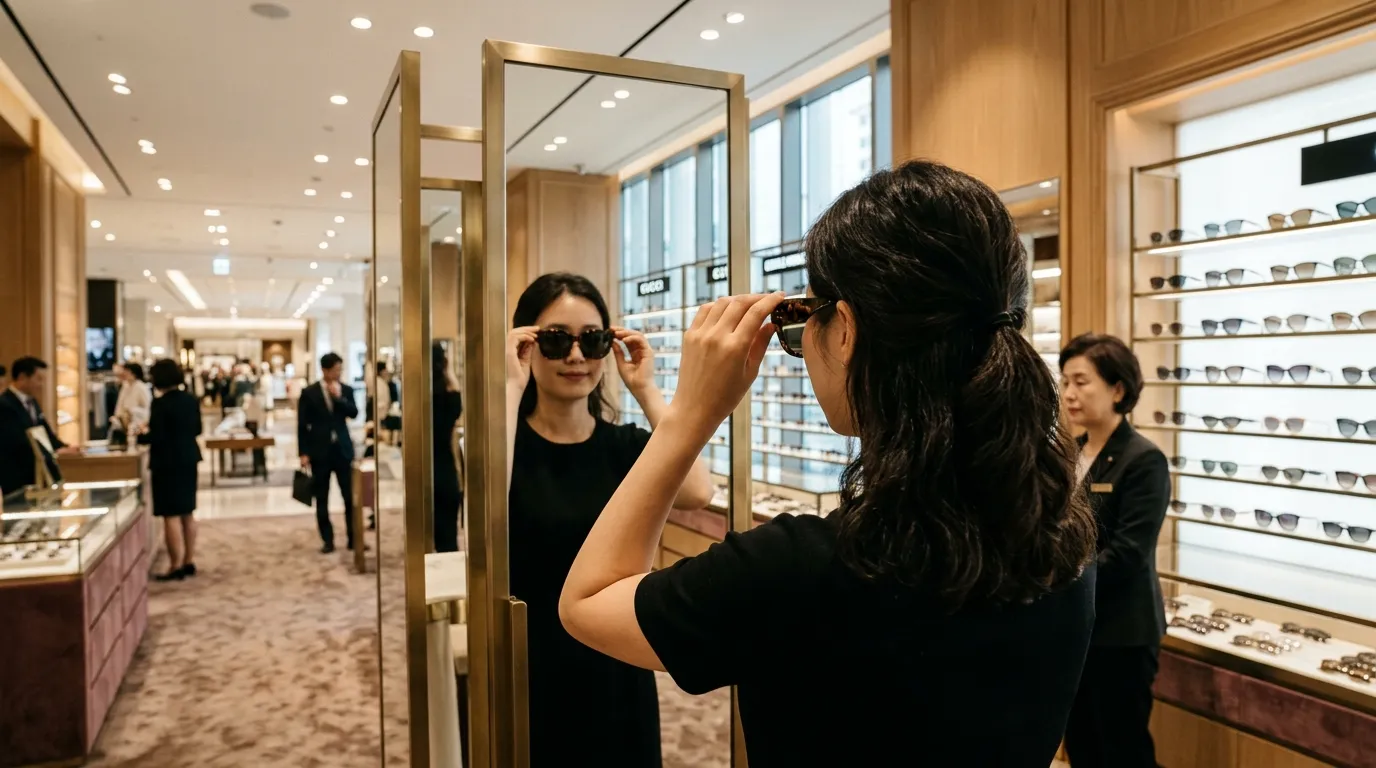 백화점 매장 거울 앞에서 명품 선글라스를 착용해보고 있는 사람의 뒷모습