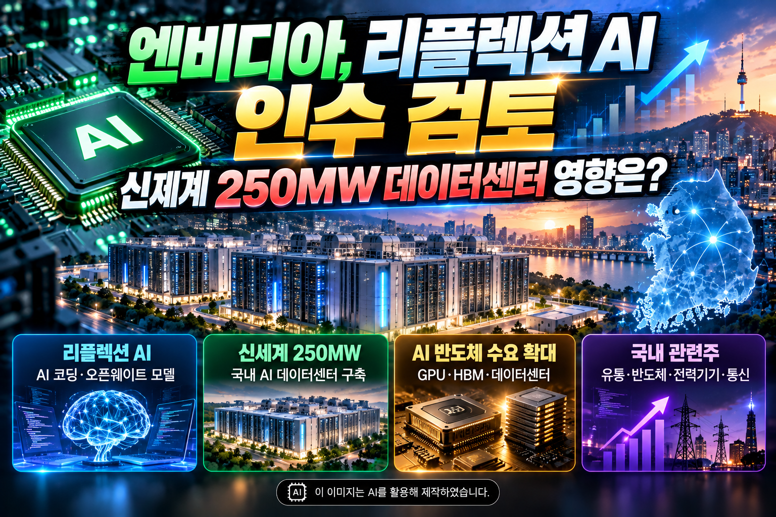 엔비디아의 리플렉션 AI 인수 검토 소식과 신세계그룹의 국내 250MW AI 데이터센터 구축 계획, AI 반도체&middot;HBM&middot;전력기기&middot;통신 등 국내 관련주 및 산업에 미칠 영향을 표현한 이미지