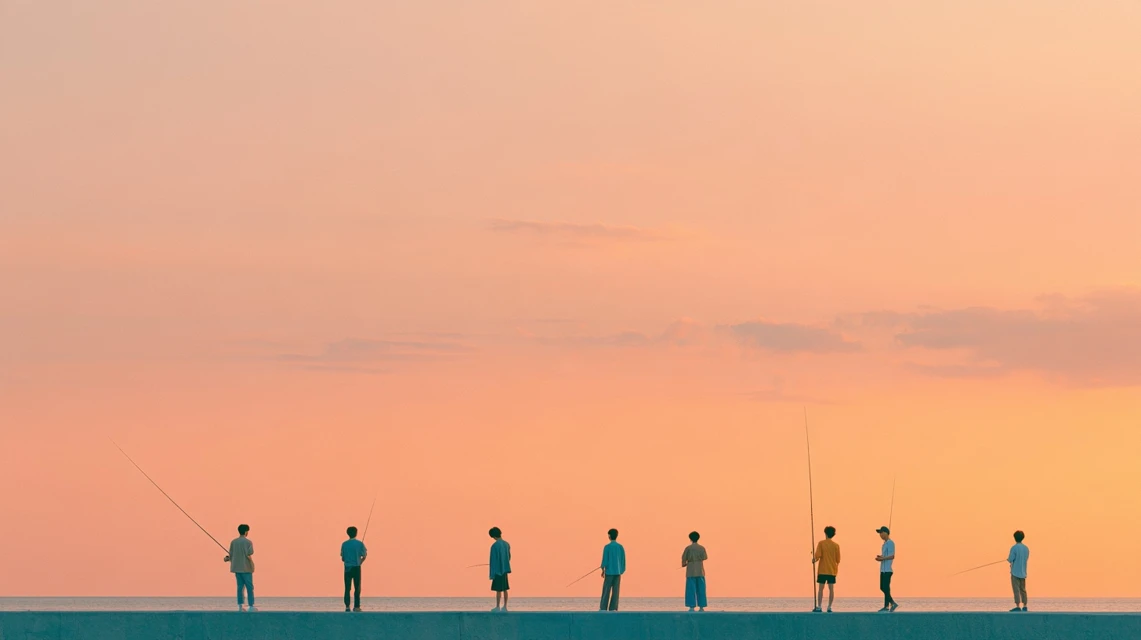 경험 많은 낚시인이 초보에게 미끼를 설명해주는 모습