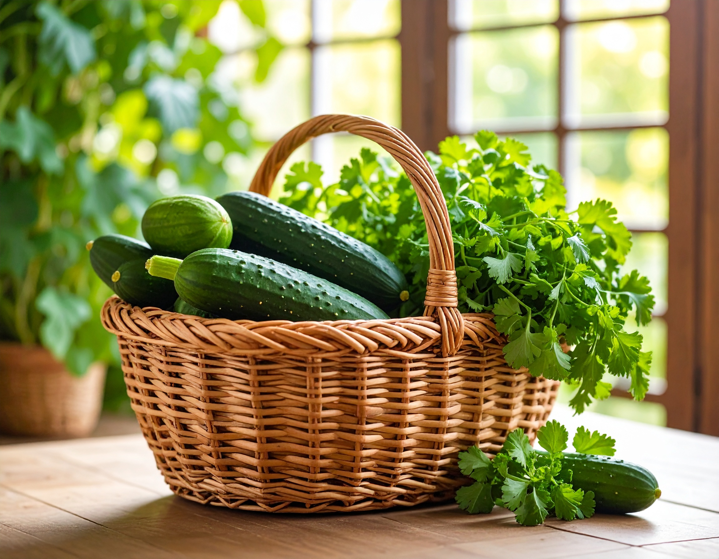 식탁 위 바구니에 담긴 오이와 고수
