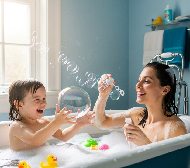 아이랑 엄마랑 욕조에서 거품놀이 비누방울 놀이하고 있는 사진