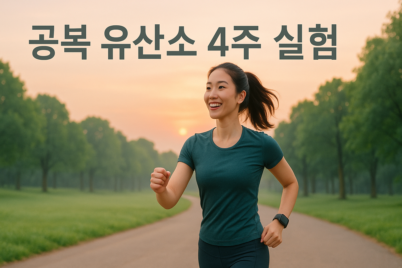 깔끔한 운동복을 입은 젊은 여성이 공원에서 빠르게 걷고 있는 모습