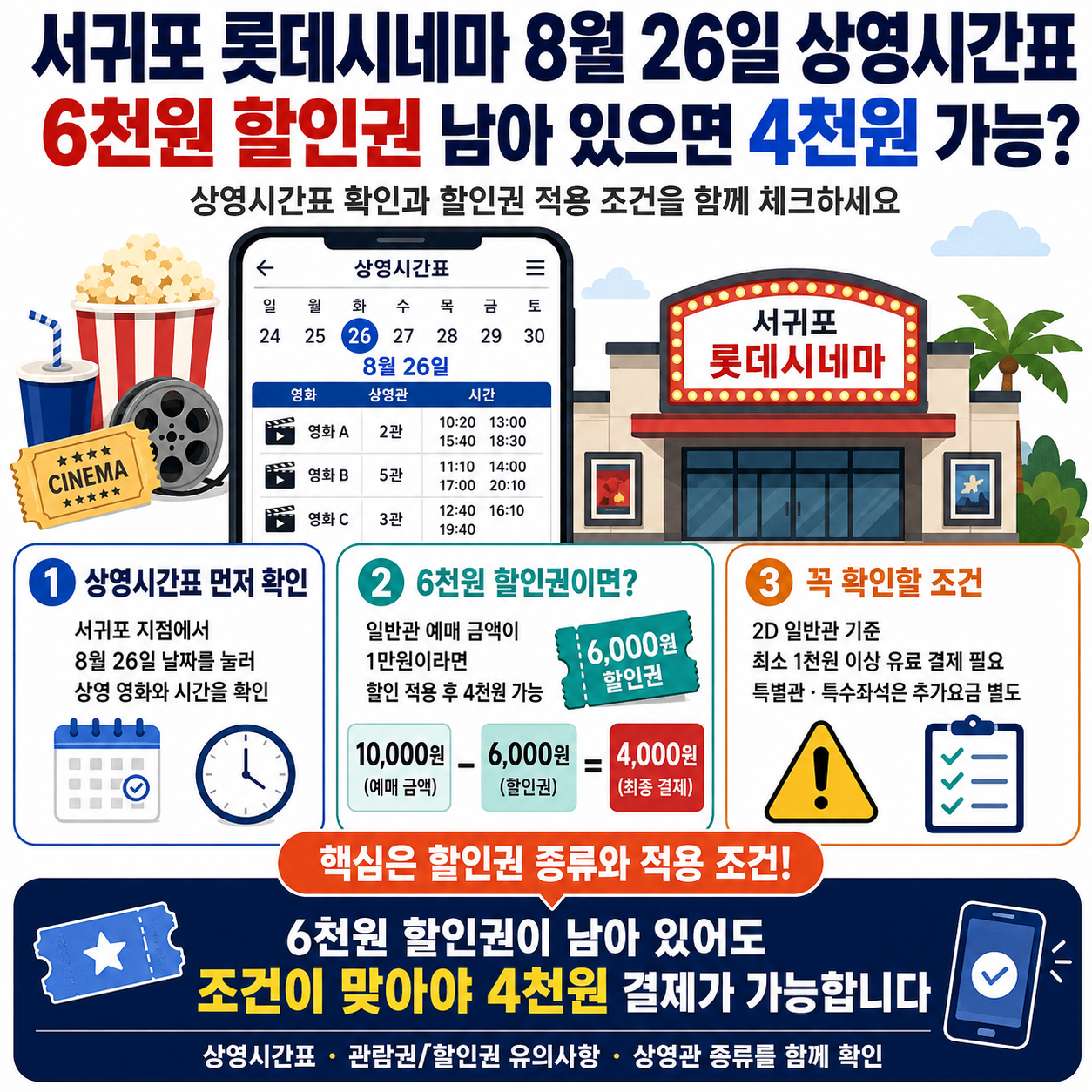 서귀포 롯데시네마 8월 26일 상영시간표 볼 때 확인, 6천원 할인권 남아 있으면 4천원 가능?