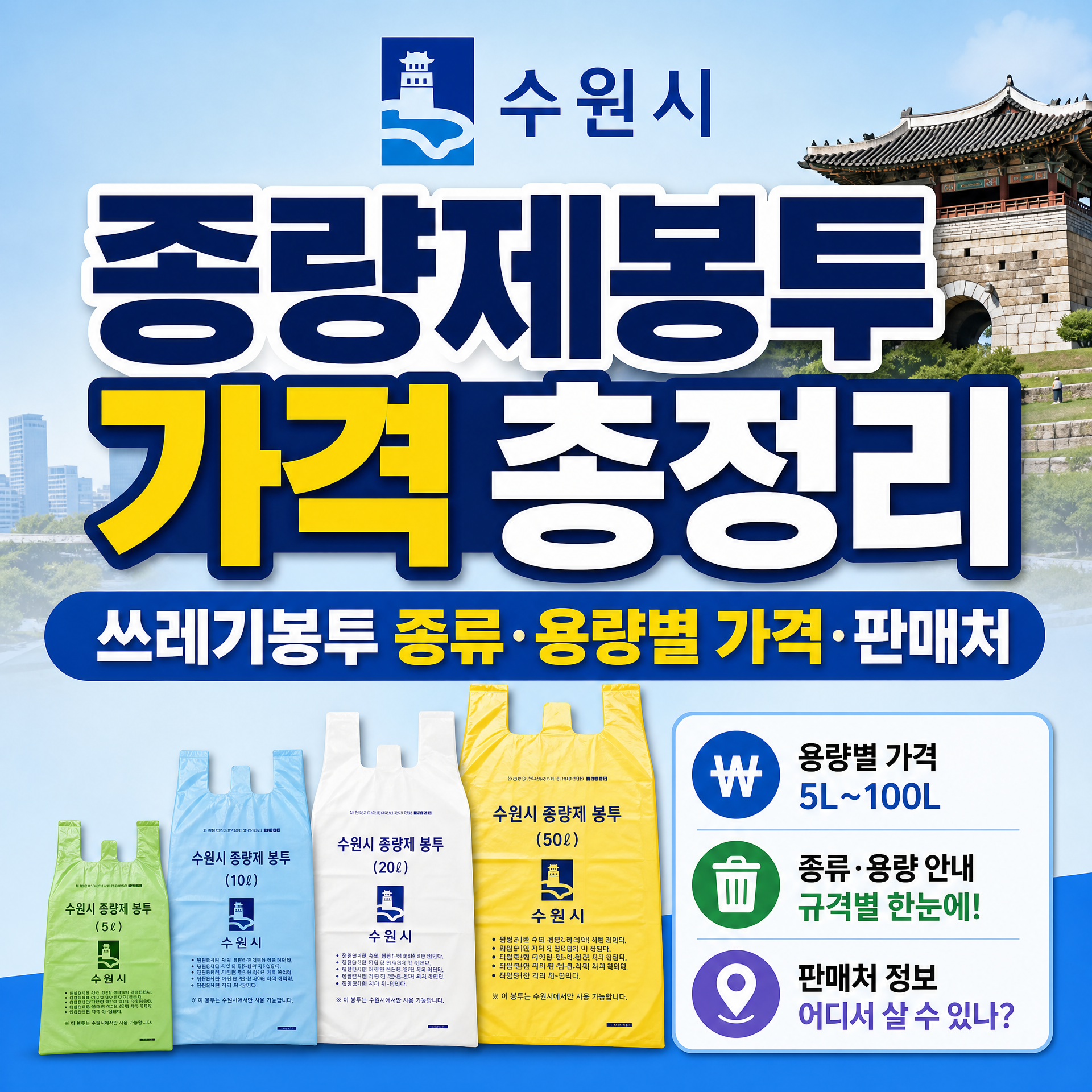 수원시 종량제봉투 가격 총정리, 쓰레기봉투 종류·용량별 가격·판매처