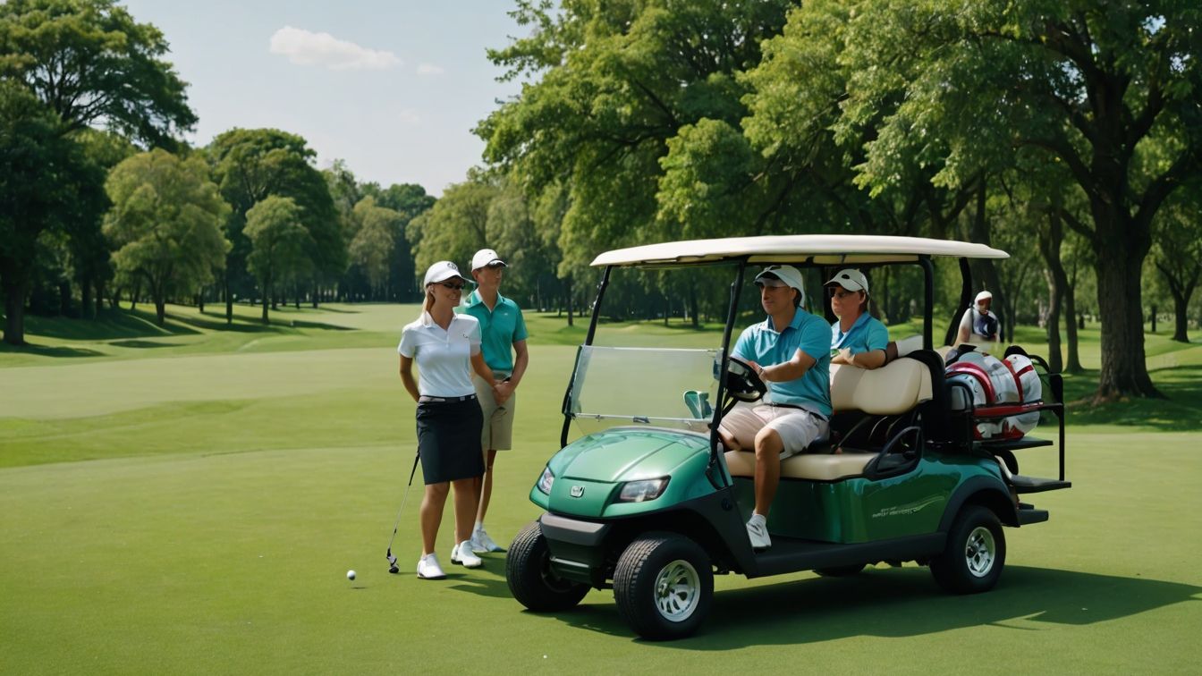 골프클럽을 카트에 싣고 카트에 앉아 있는 사람들