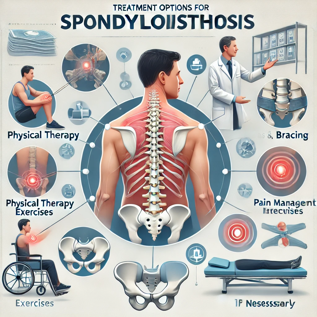 "척추전방전위증 치료 옵션을 설명하는 의료 인포그래픽, 물리치료, 보조기 착용, 통증 관리 및 수술적 치료 방법을 포함"