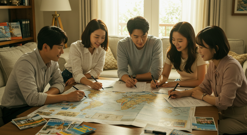 세계 지도와 여행 브로슈어를 보며 스탑오버를 통해 두 도시를 경험할 다음 여행을 계획하는사람들