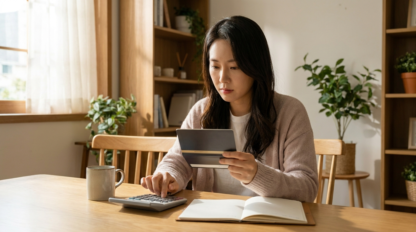 계산기와 통장을 보는 손