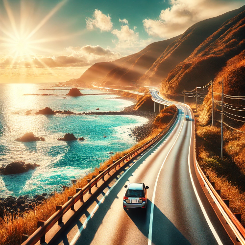 일본 여행 중 렌터카로 드라이브하는 모습