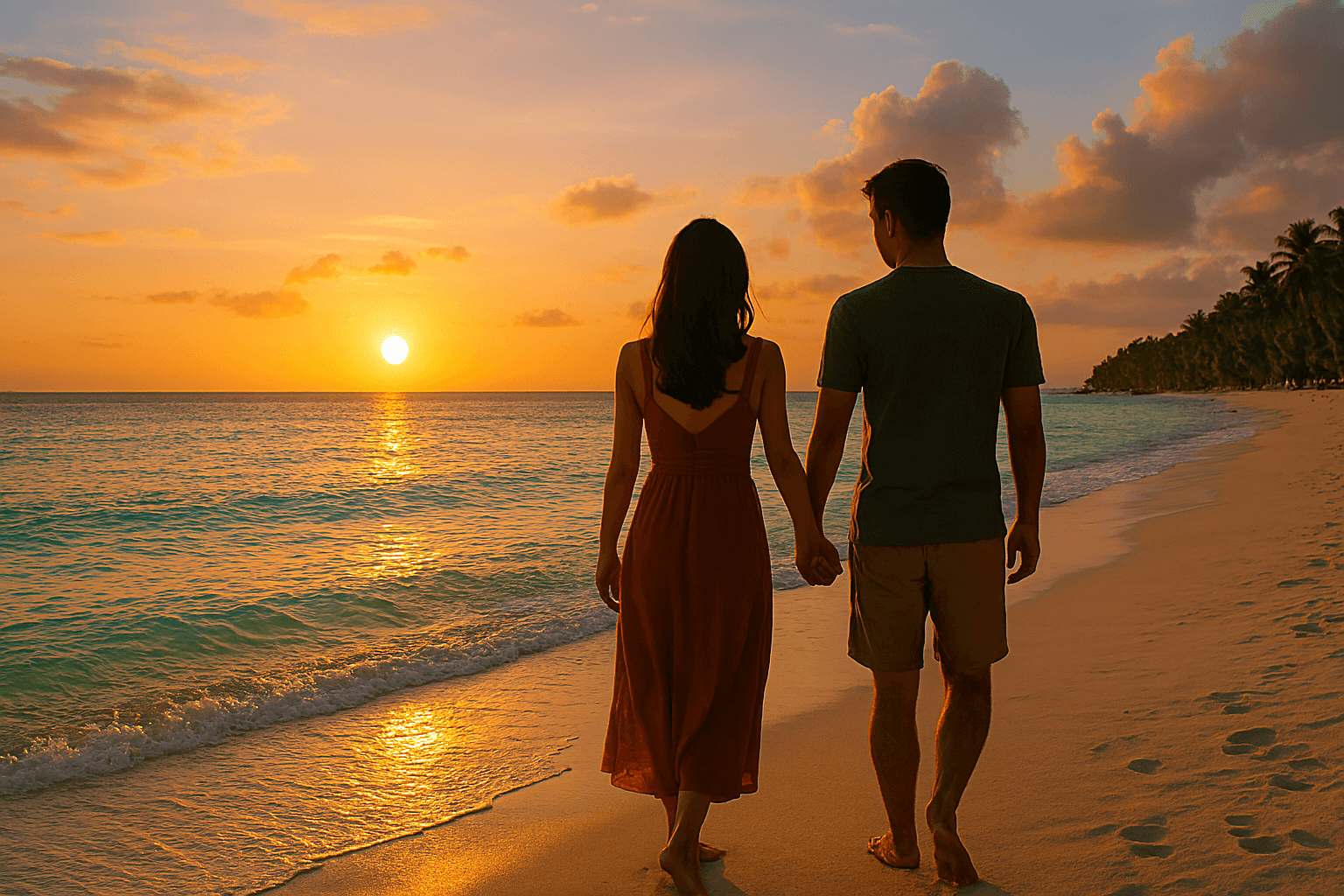 붉게 물든 필리핀 바닷가 석양을 배경으로 파도 소리를 들으며 해변을 다정하게 걷는 연인의 뒷모습. 로맨틱한 분위기를 연출한다.