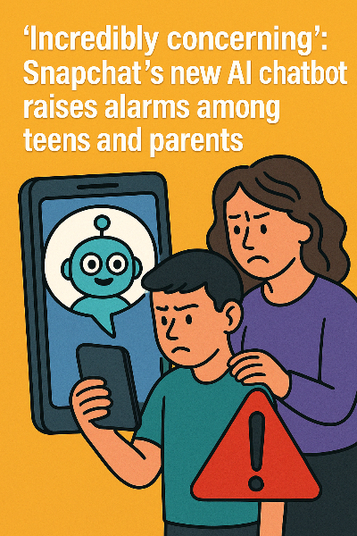 10대 청소년과 부모가 스마트폰 화면 속 AI 챗봇을 주시하고 있는 일러스트. 하단에는 경고 아이콘이 표시되어 있으며, 스냅챗 챗봇 기능에 대한 우려를 시각적으로 표현한 장면