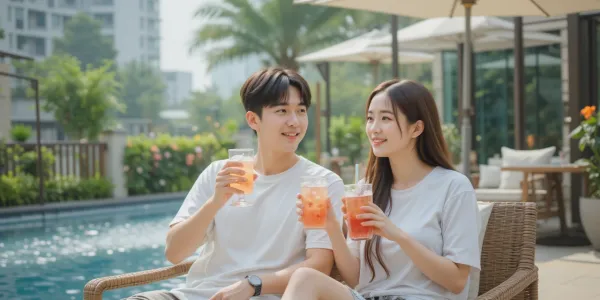 하이원리조트 야외 정원에서 시원한 음료를 마시며 쉬고 있는 커플.