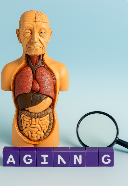 노화된 인체 모형이 왼쪽에 배치되어 있고, 오른쪽에는 “AGING”이라는 단어가 보라색 큐브로 배열되어 있는 장면