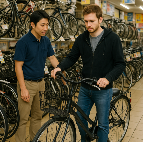 일본 자전거 매장에서 자전거를 구매하기 위해 자전거를 살펴보고 있는 모습입니다.