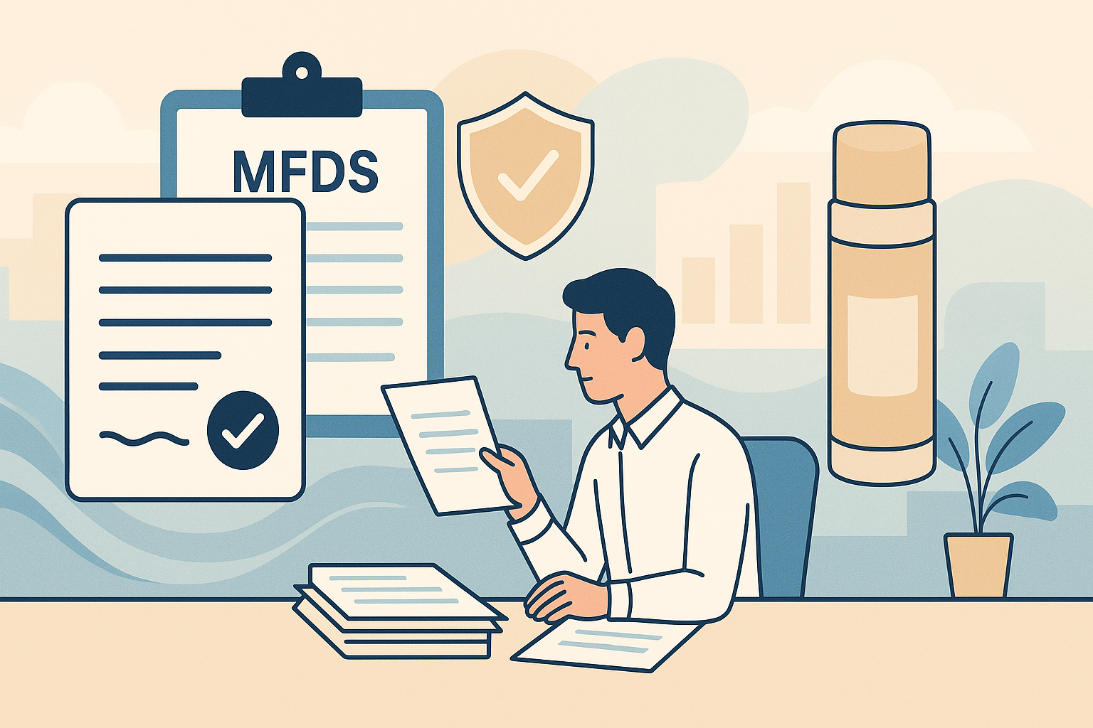 기능성화장품 고형제 규정 개선을 상징적으로 표현한 일러스트로, 사무 책상에서 문서를 검토하는 전문가와 보고서, 체크 표시가 있는 규정 서류, 보호를 의미하는 방패 아이콘, 스틱형 고형 화장품이 함께 배치되어 식약처 기능성화장품 기준·시험방법 개정과 보고만으로 출시 가능한 2025년 고형제 기능성화장품 개발·출시 절차를 시각적으로 보여줍니다.