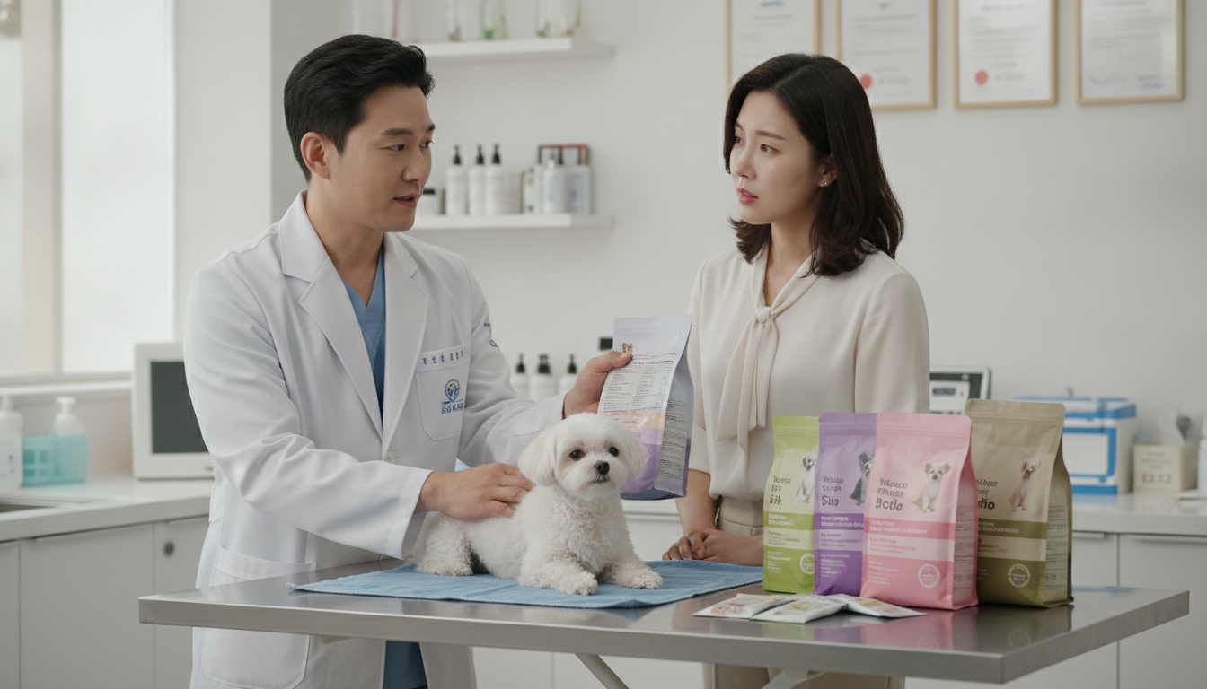수의사와 보호자가 강아지 알레르기 사료에 대해 상담하는 모습
