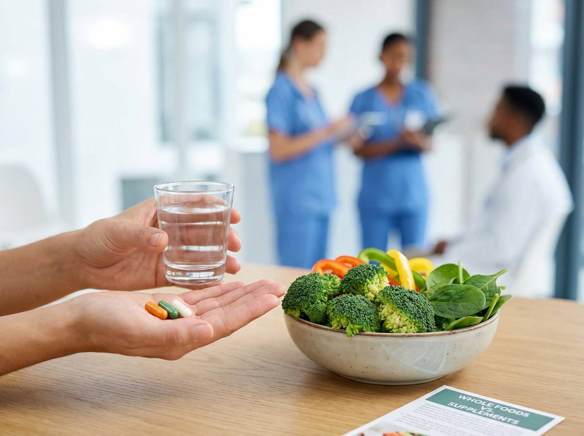 깨끗한 물 한 잔과 함께 영양제를 적정량 손바닥에 올린 모습