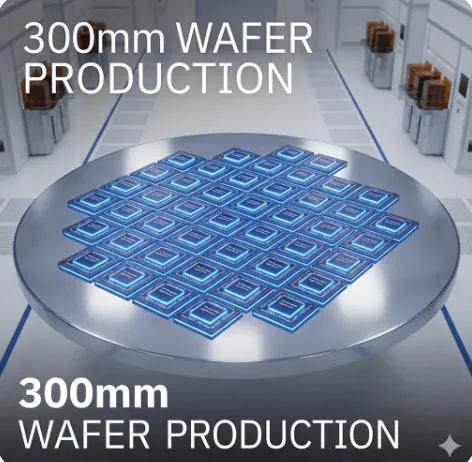 반도체 표준 공정인 300mm 웨이퍼 위에서 대량 생산되는 IBM 퀀텀 나이트호크 양자 프로세서 칩의 모습을 담은 시각화 이미지입니다.