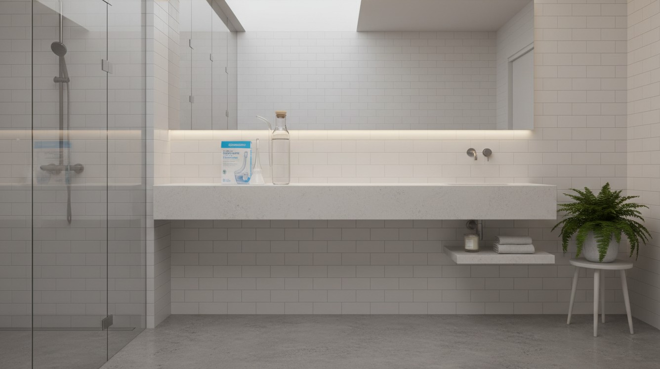 코 세척 도구와 물병이 있는 깨끗한 욕실 사진